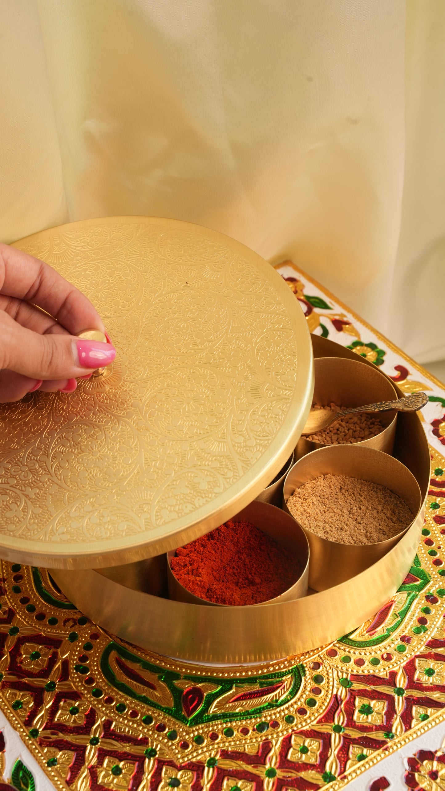 Premium Handcrafted Brass Masala Box – 7 Compartment Spice Organizer with Spoon
