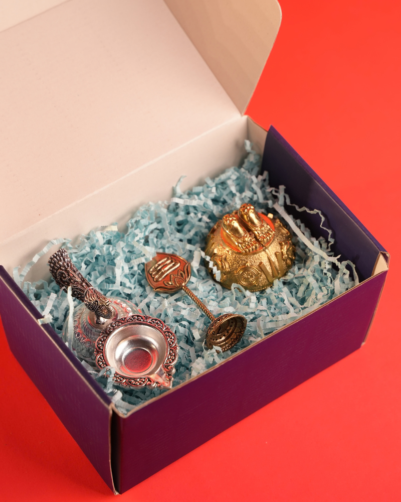 Virasat Festive Gift Hamper with Peacock Diya, Charan & Vel | Rigvedaa™
