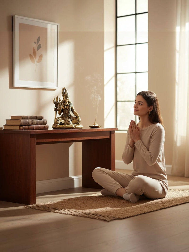 Rigvedaa™ antique gold Lord Shiva idol on a wooden table with a woman meditating on a rug in a serene living room.