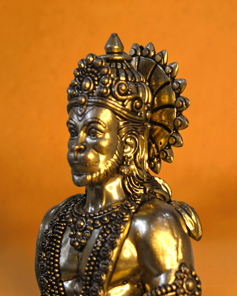 Rigvedaa brass standing Hanuman idol with Gada, 10-inch, golden patina, detailed crown and jewelry.