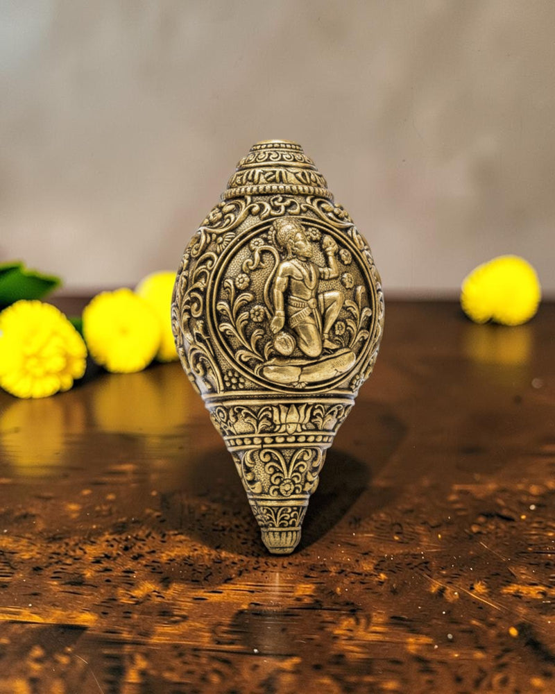 Rigvedaa brass shankh with Lord Hanuman engraving, ideal for pooja and home mandir decoration.