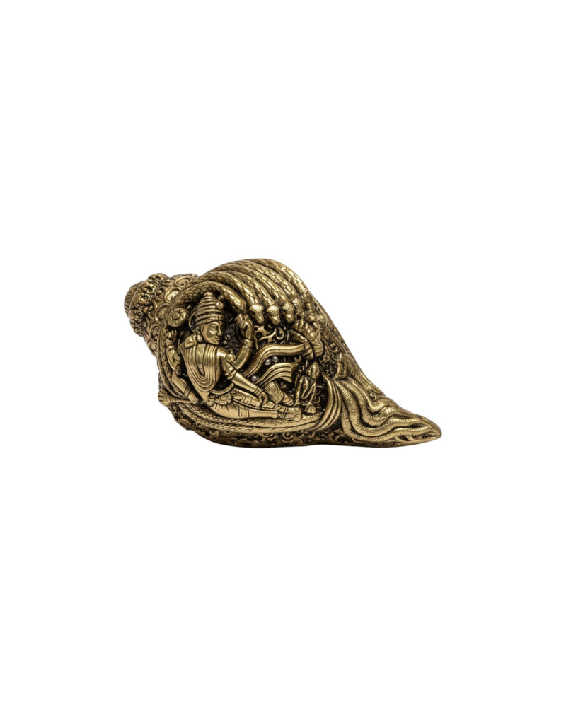 Rigvedaa brass Lakshmi Narayan Vishnu Shankh with intricate engravings, golden finish, for pooja room.