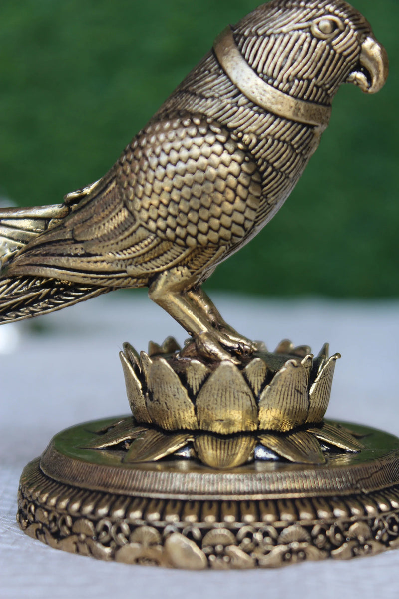 Rigvedaa™ 3-inch brass parrot figurine with intricate feather detailing, perched on a lotus base. Polished gold finish.