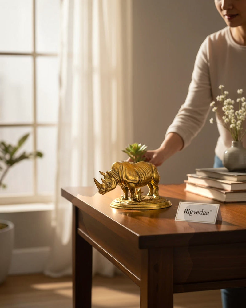 Rigvedaa rade brass rhinoceros statue, symbol of protection and wealth, 3.25 inches tall.