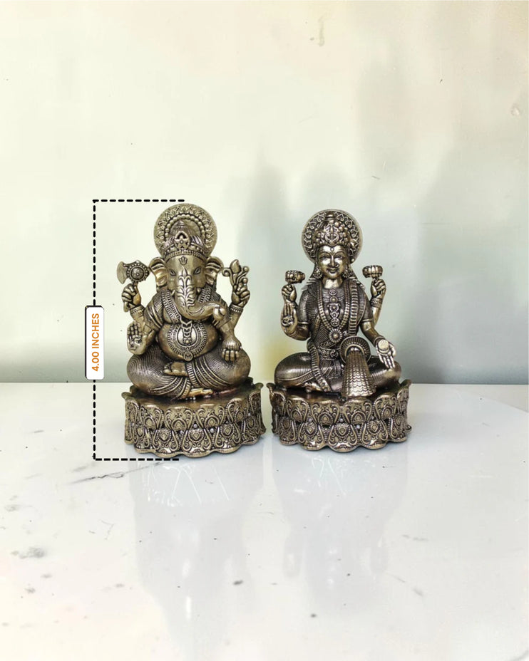 Brass Lakshmi Ganesha Statue on Lotus Base (4 Inch) | Rigvedaa™