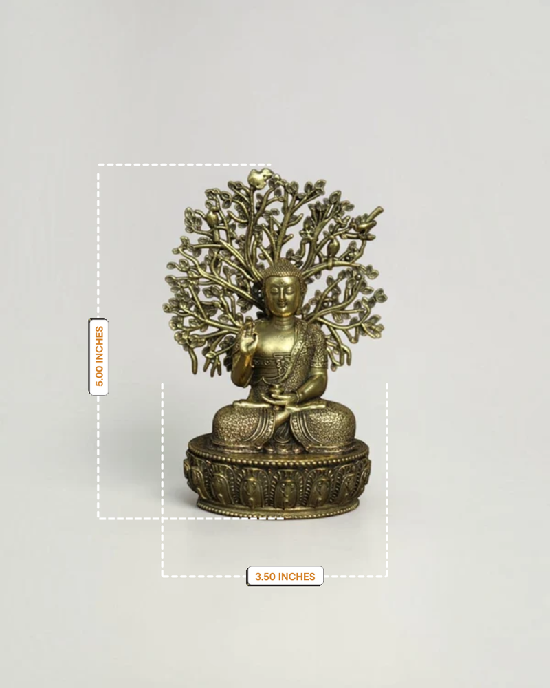 Brass Buddha Statue Under Bodhi Tree | Meditating Idol 5.00" – Rigvedaa™