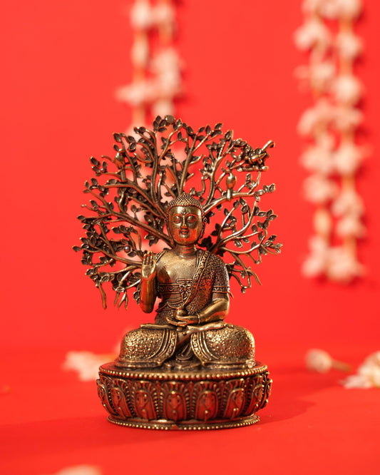 Brass Buddha Statue Under Bodhi Tree | Meditating Idol 5.00" – Rigvedaa™