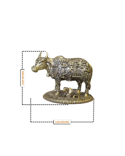 Brass Kamdhenu Cow and Calf Idol with god engravings