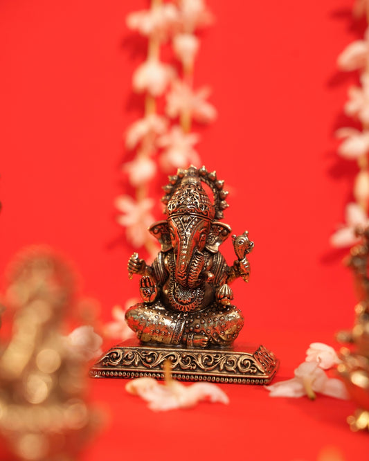 Brass Seated Lord Ganesha Idol with Modak | Vinayaka Murti 3.25" – Rigvedaa™