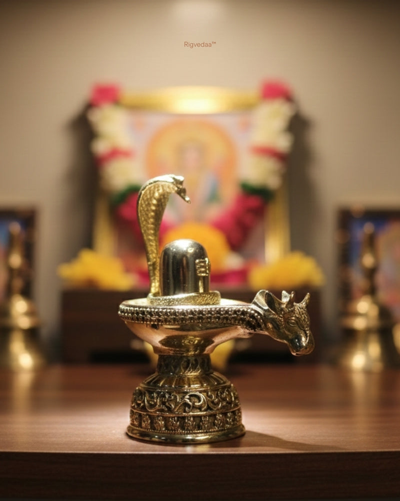 Brass Shivling with Nandi Idol (3.5 Inch) | Rigvedaa™