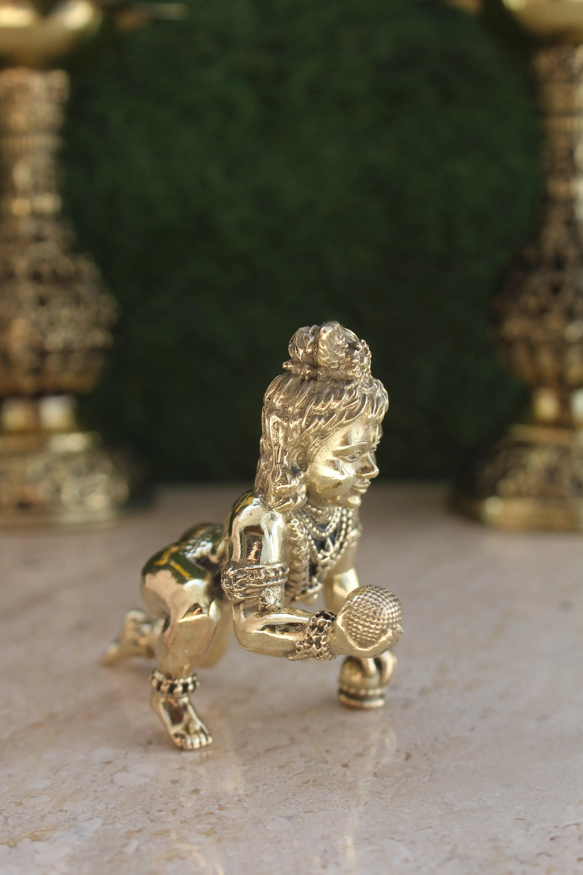 Brass Laddu Gopal Idol full body view in dancing pose with ornamental jewelry and traditional attire