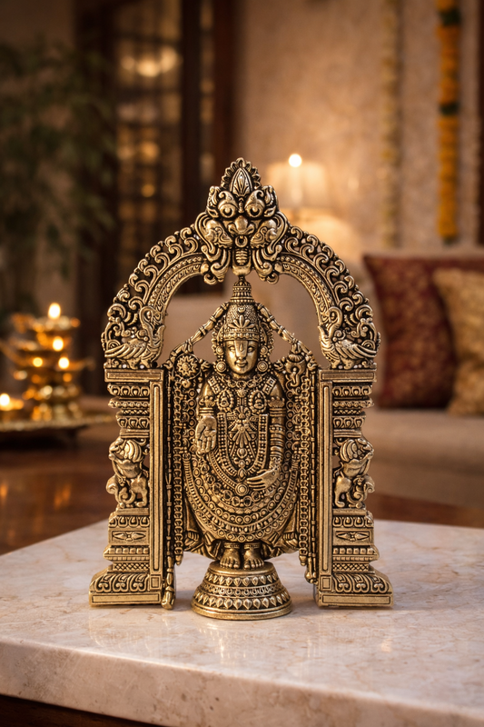 Brass Tirupati Balaji Seated Idol (6.5") | Rigvedaa™