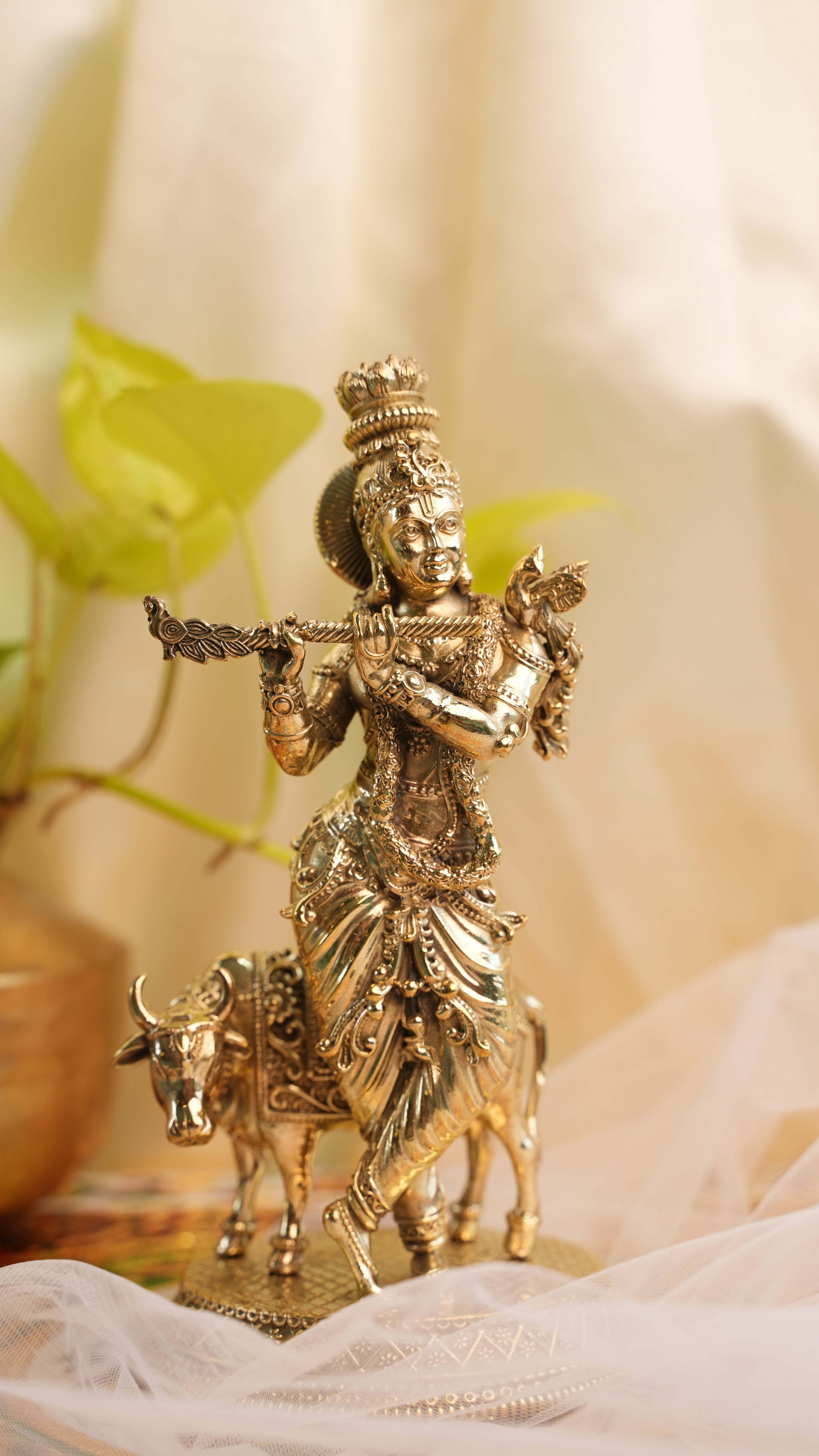 Krishna with Cow Brass Idol | Divine Sculpture of Harmony, Love & Prosperity