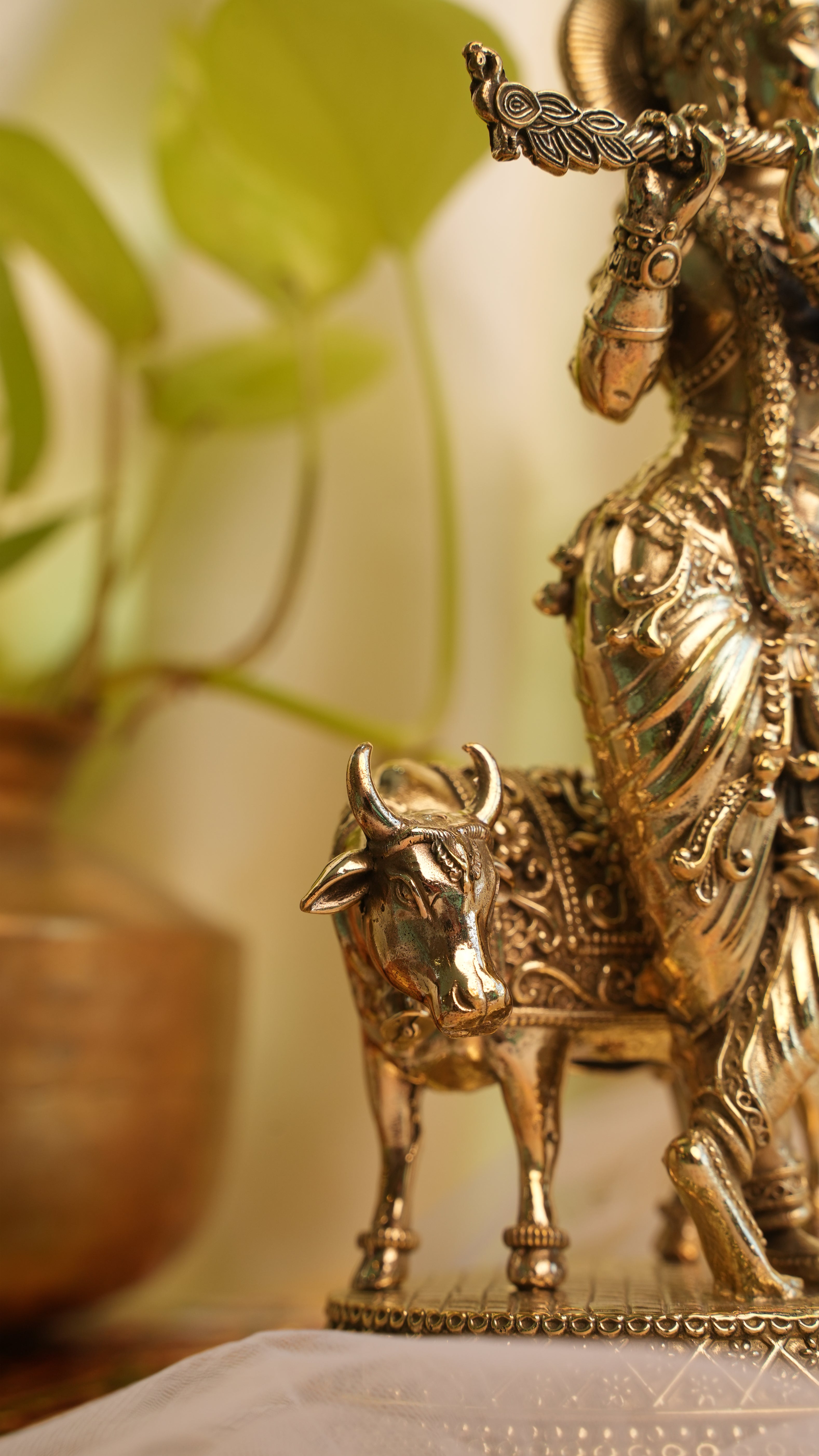 Krishna with Cow Brass Idol | Divine Sculpture of Harmony, Love & Prosperity