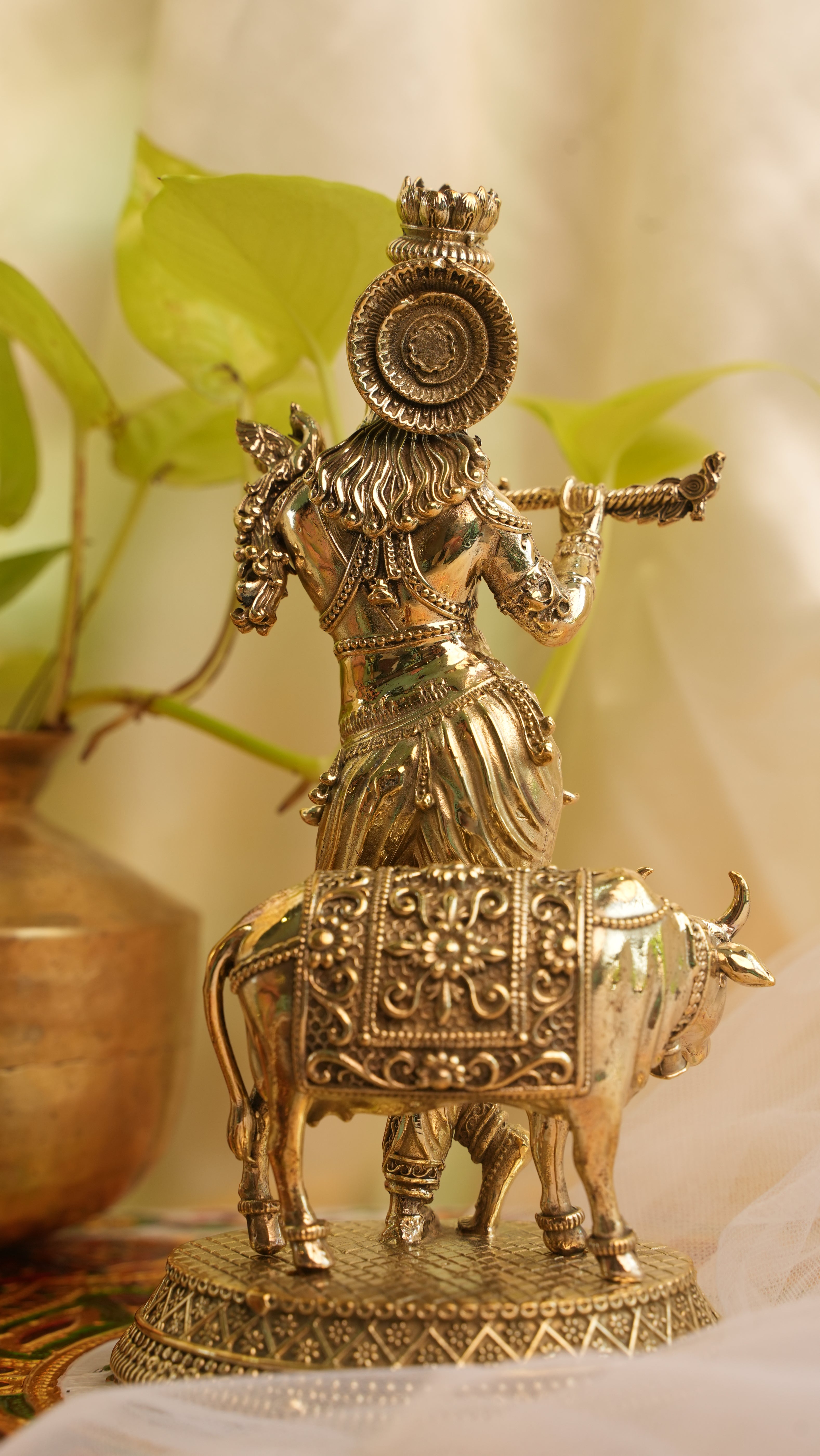Krishna with Cow Brass Idol | Divine Sculpture of Harmony, Love & Prosperity