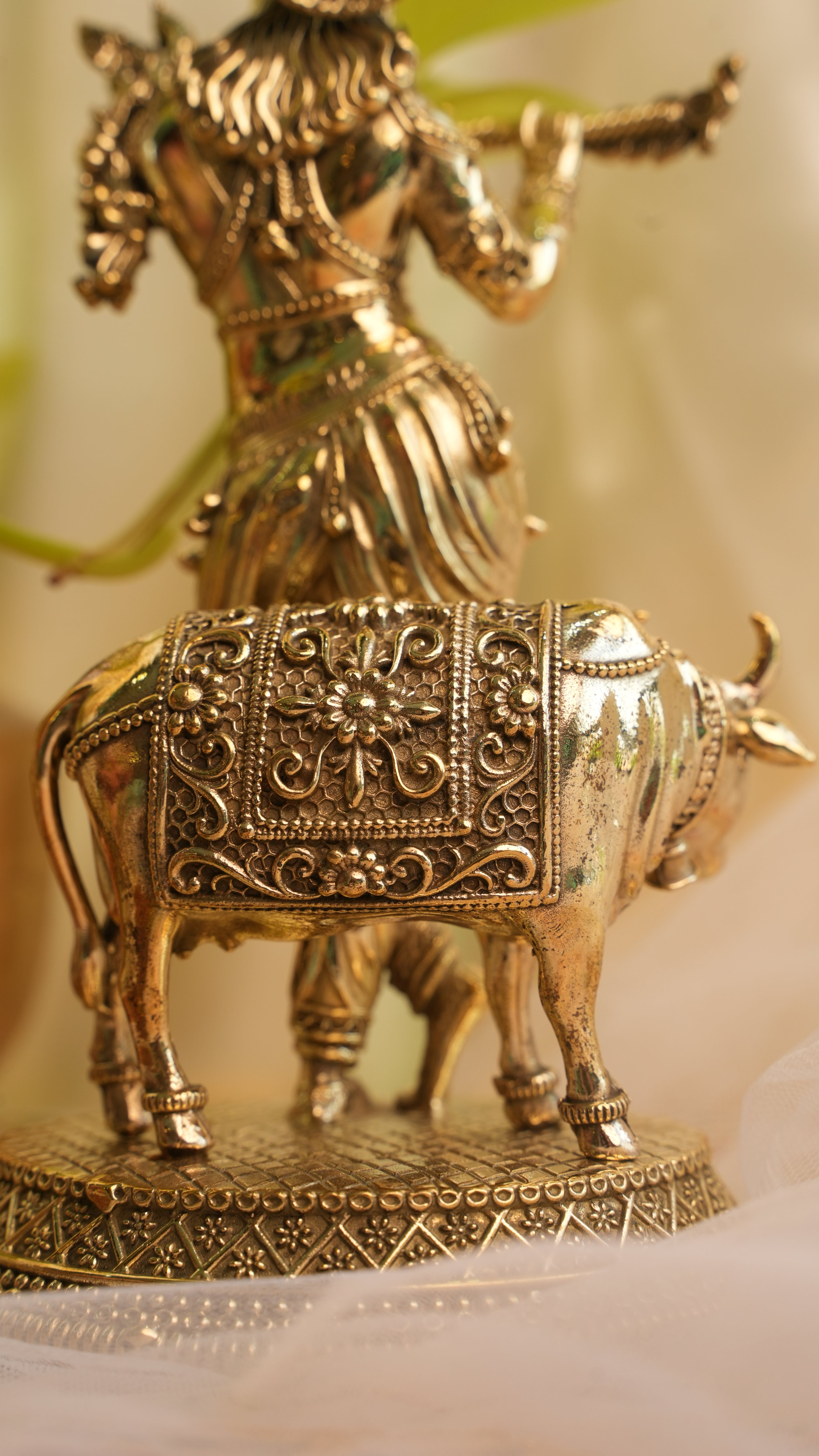 Krishna with Cow Brass Idol | Divine Sculpture of Harmony, Love & Prosperity