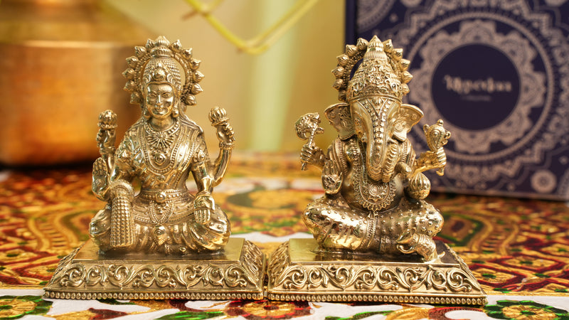 Brass Laxmi Ganesh Combo Idol Pair (3.25") | Rigvedaa™