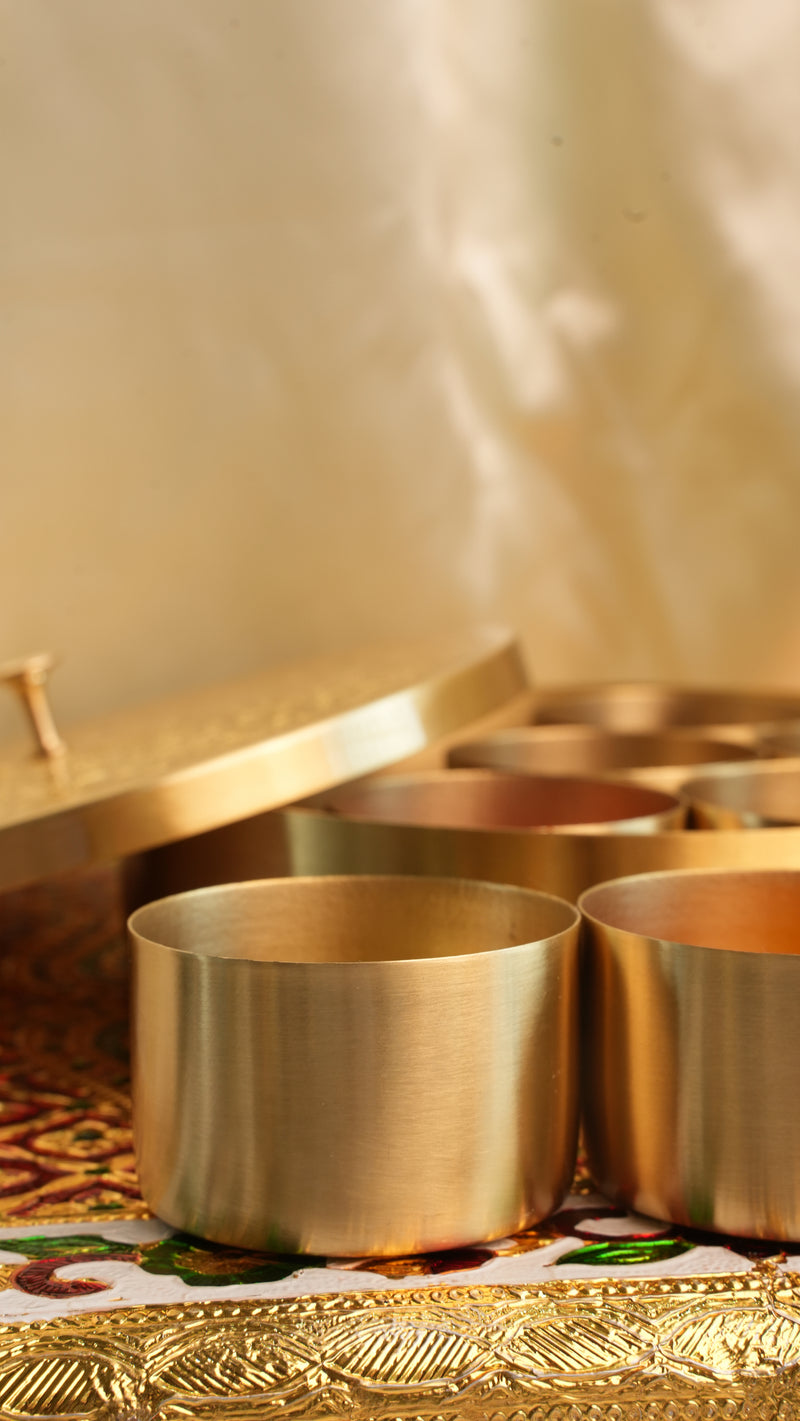 Handcrafted 7-Compartment Brass Spice Box with Spoon