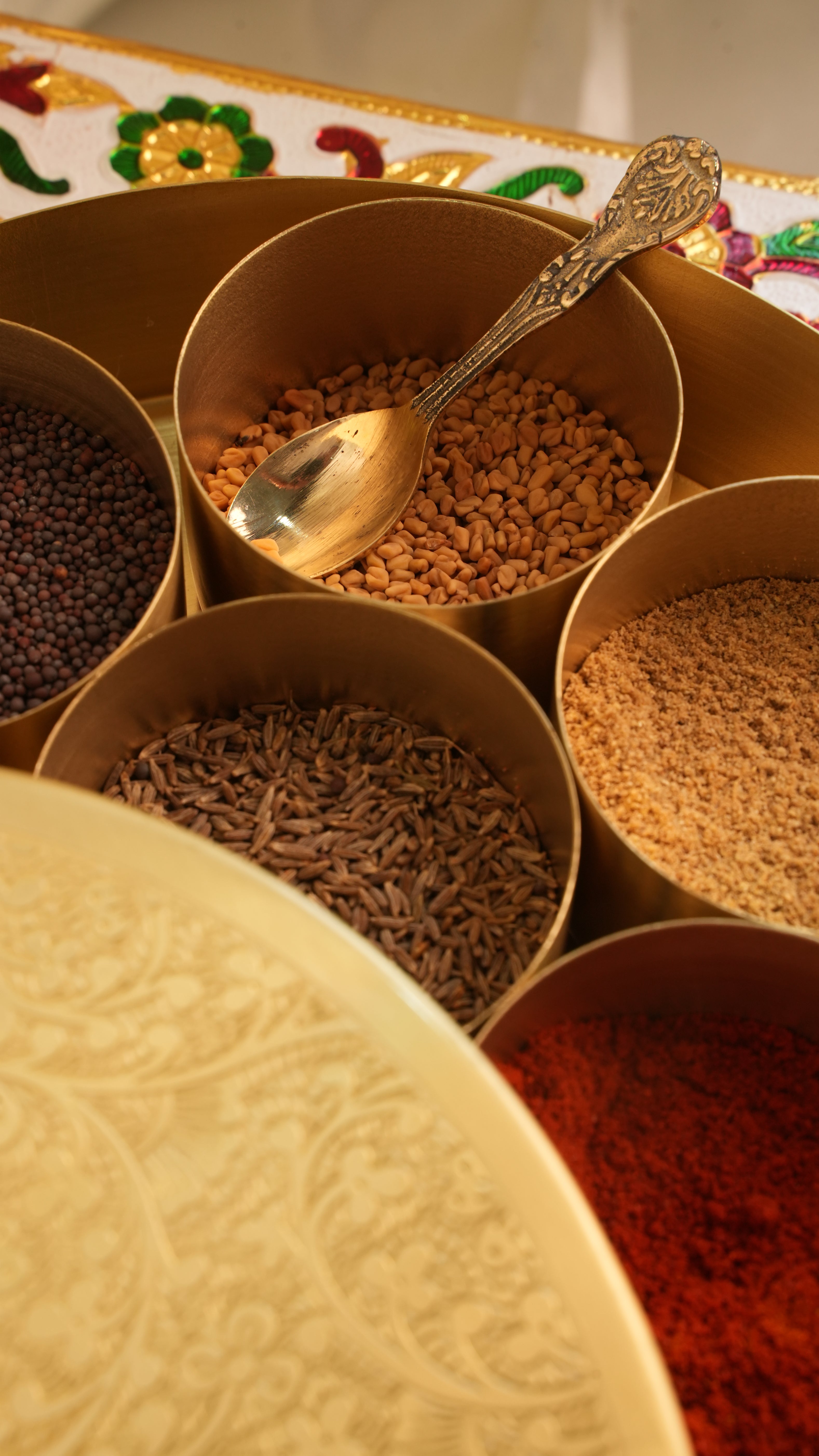 Premium Handcrafted Brass Masala Box – 7 Compartment Spice Organizer with Spoon