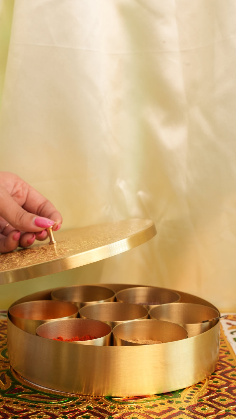 Handcrafted 7-Compartment Brass Spice Box with Spoon