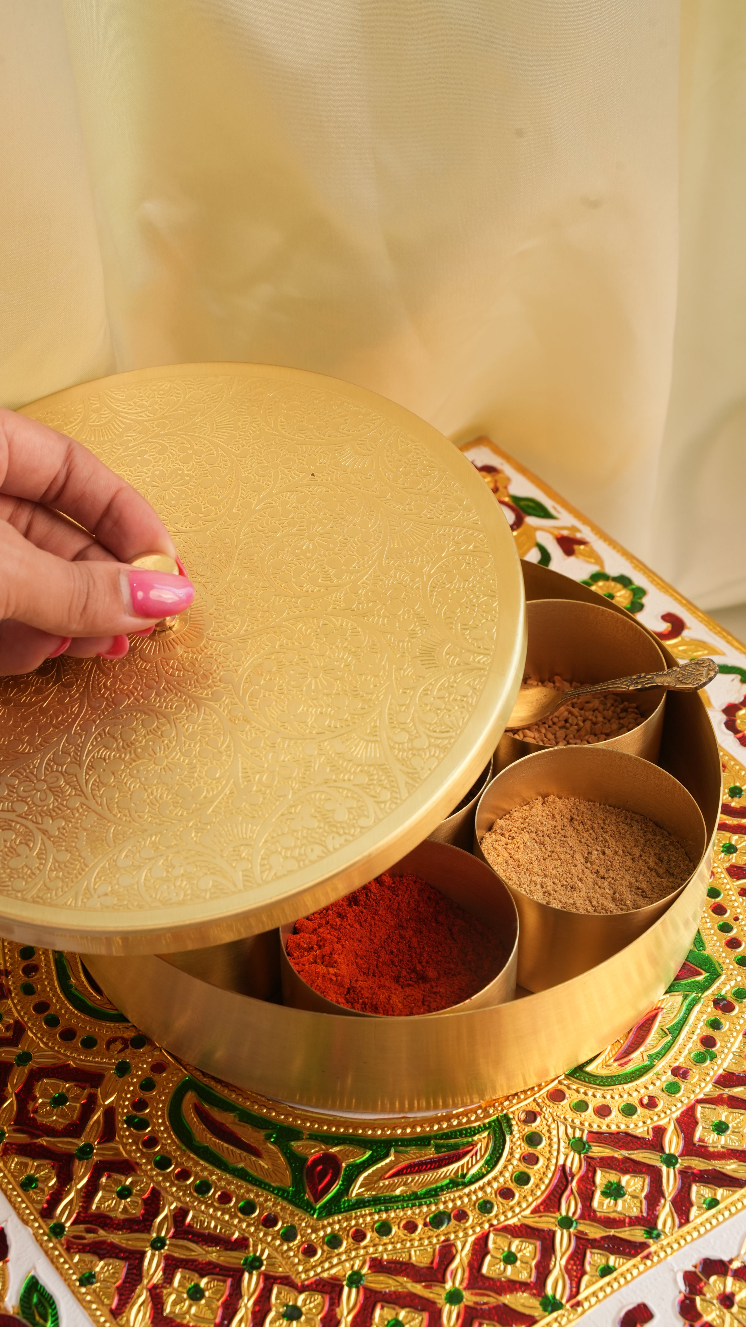 Premium Handcrafted Brass Masala Box – 7 Compartment Spice Organizer with Spoon