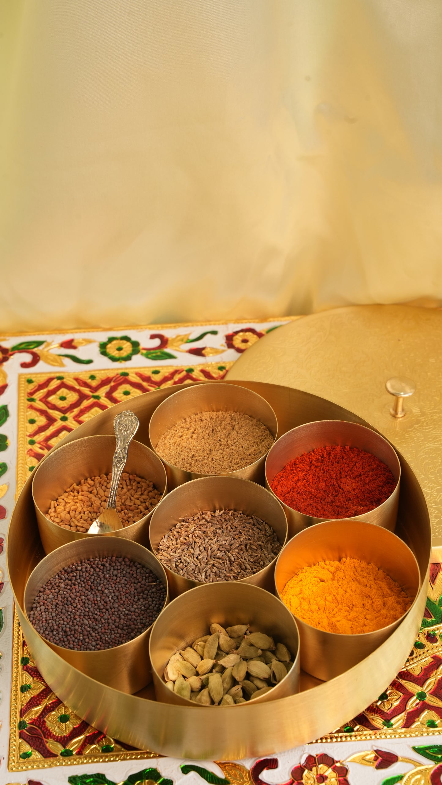 Premium Handcrafted Brass Masala Box – 7 Compartment Spice Organizer with Spoon