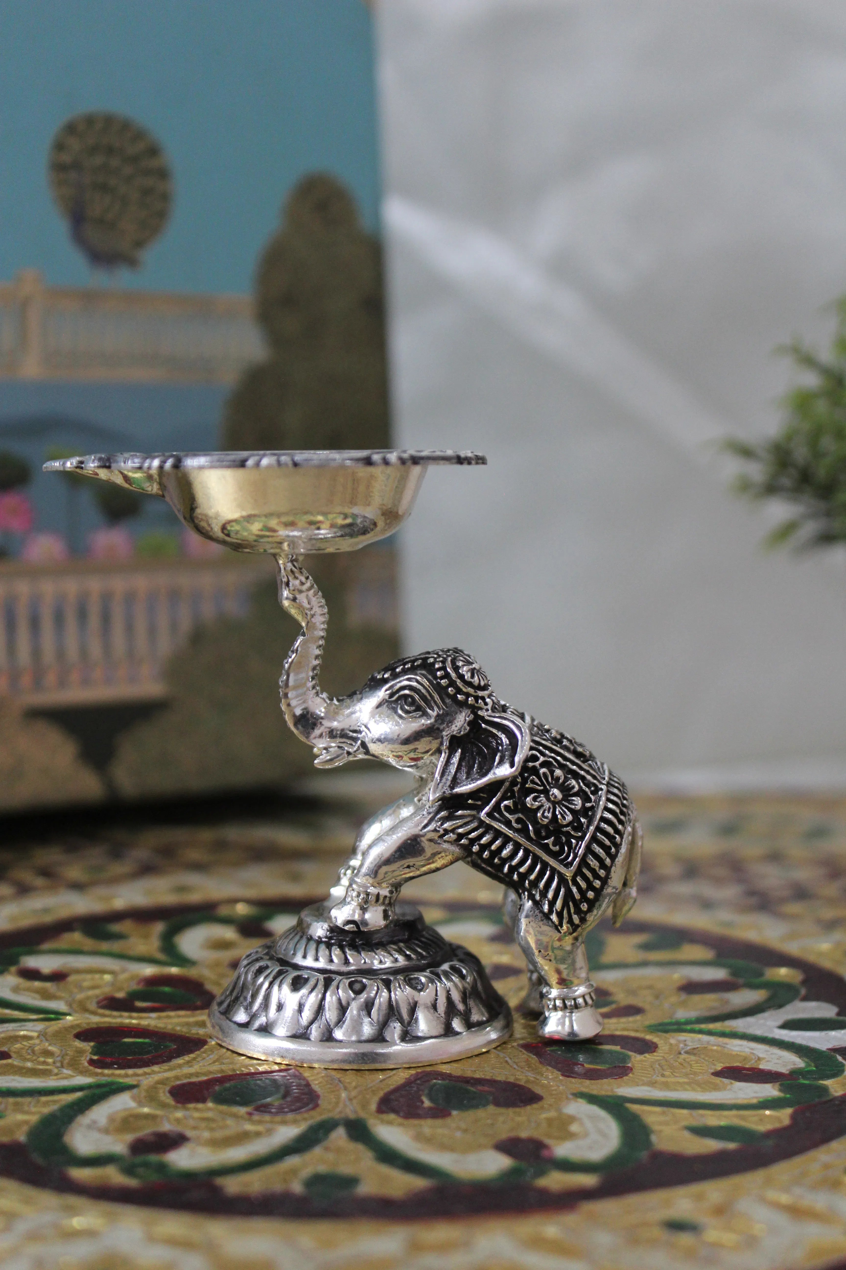 999 Silver-Plated Brass Elephant Trunk Diya | Decorative Pooja Oil Lamp