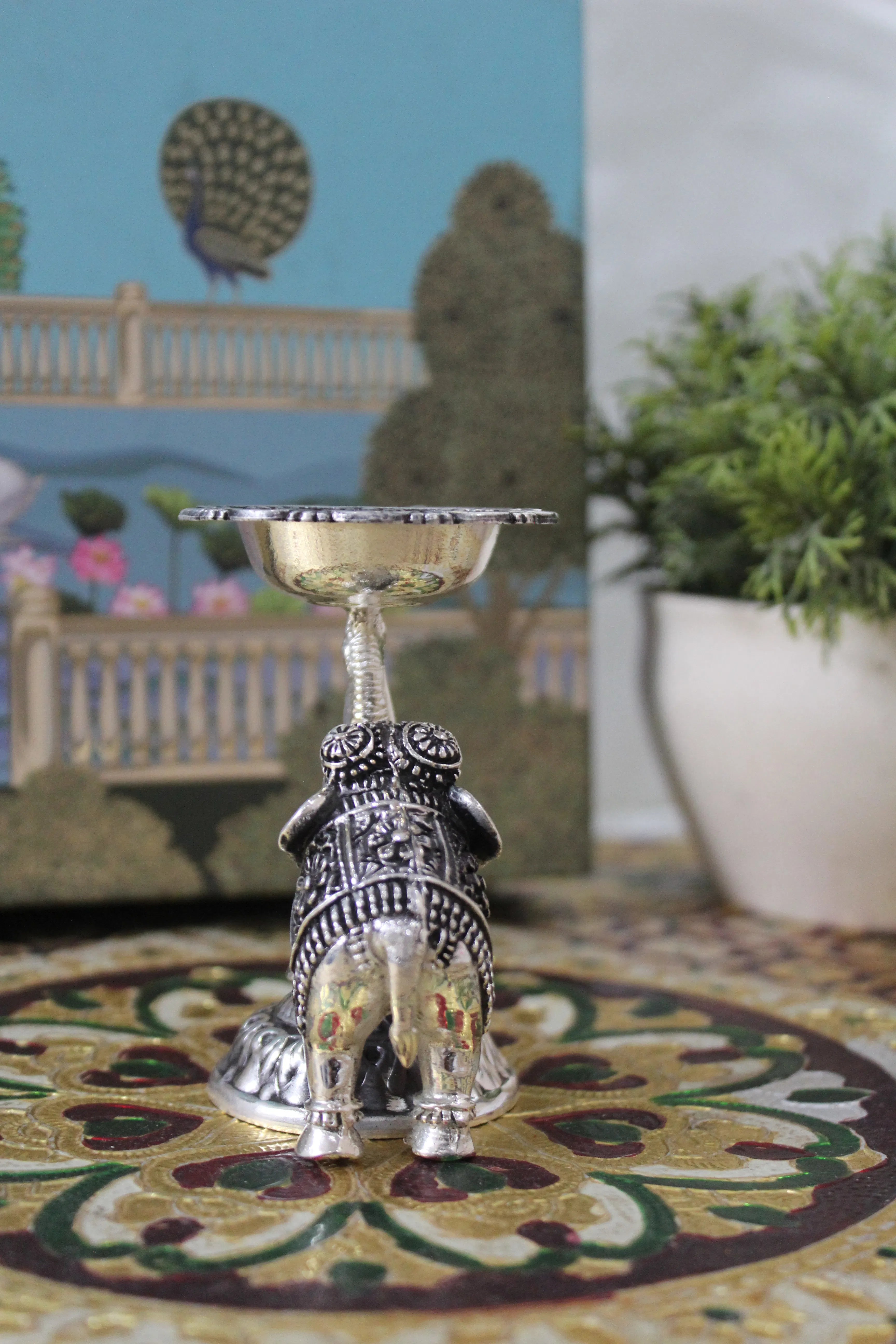 999 Silver-Plated Brass Elephant Trunk Diya | Decorative Pooja Oil Lamp