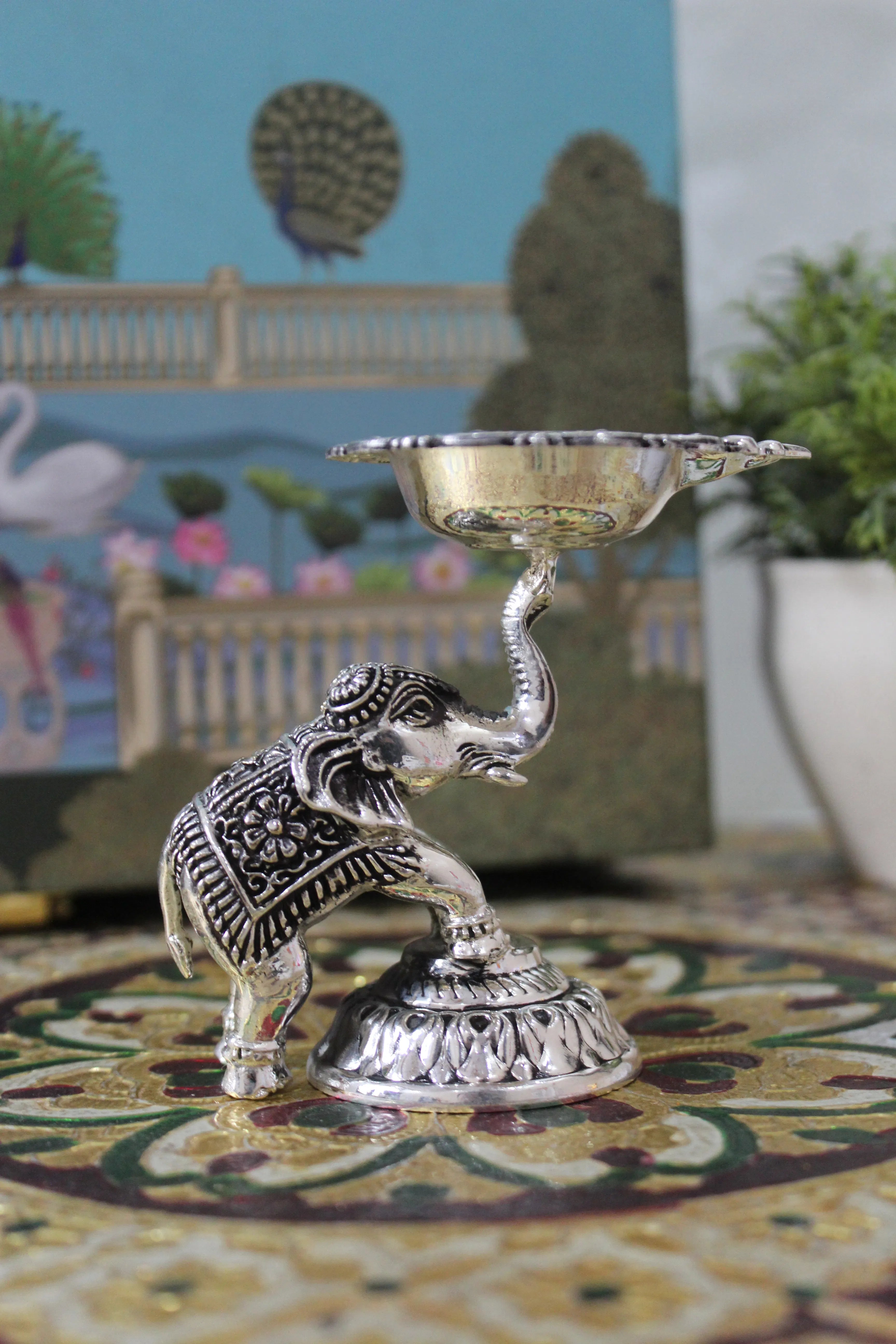 999 Silver-Plated Brass Elephant Trunk Diya | Decorative Pooja Oil Lamp