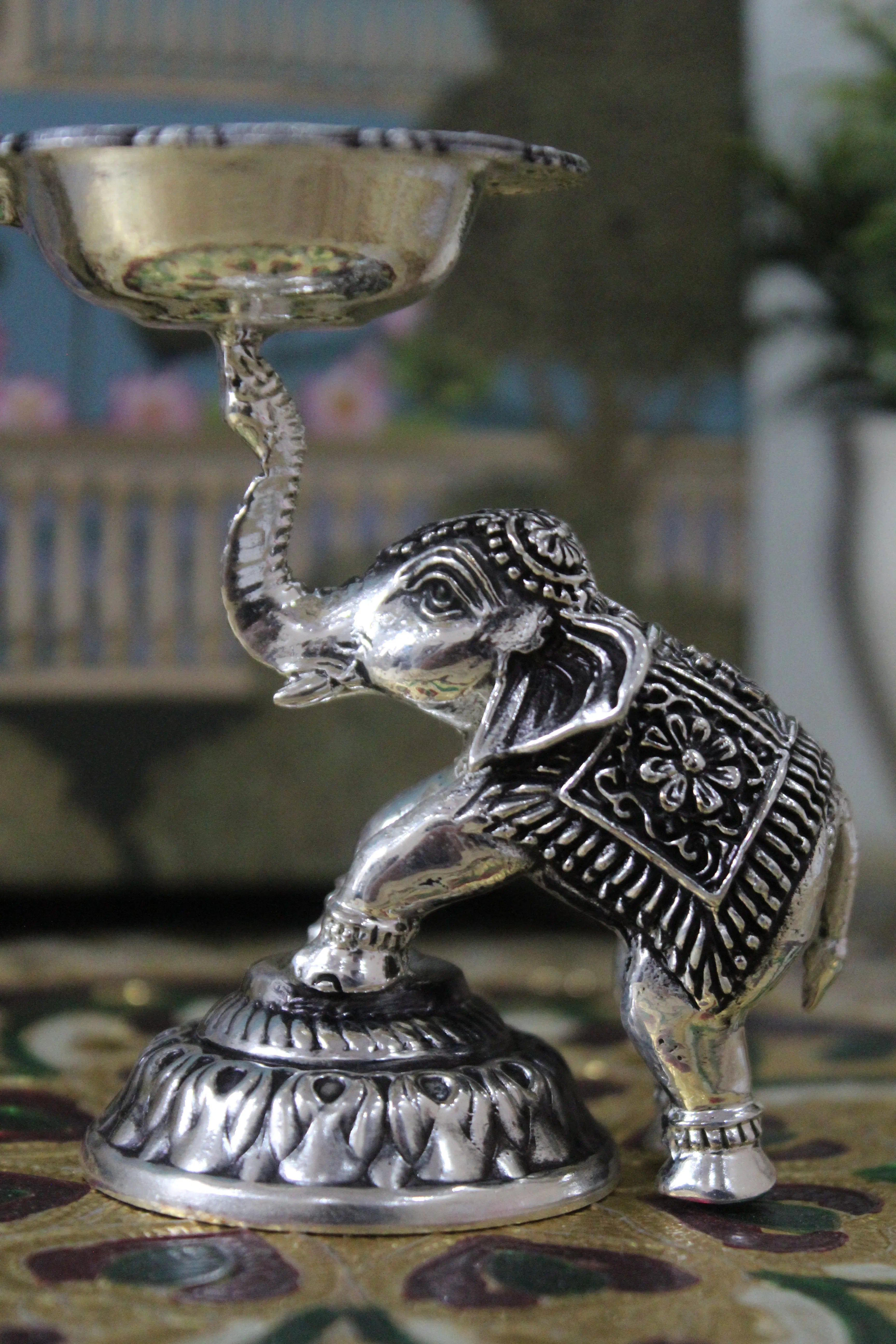999 Silver-Plated Brass Elephant Trunk Diya | Decorative Pooja Oil Lamp