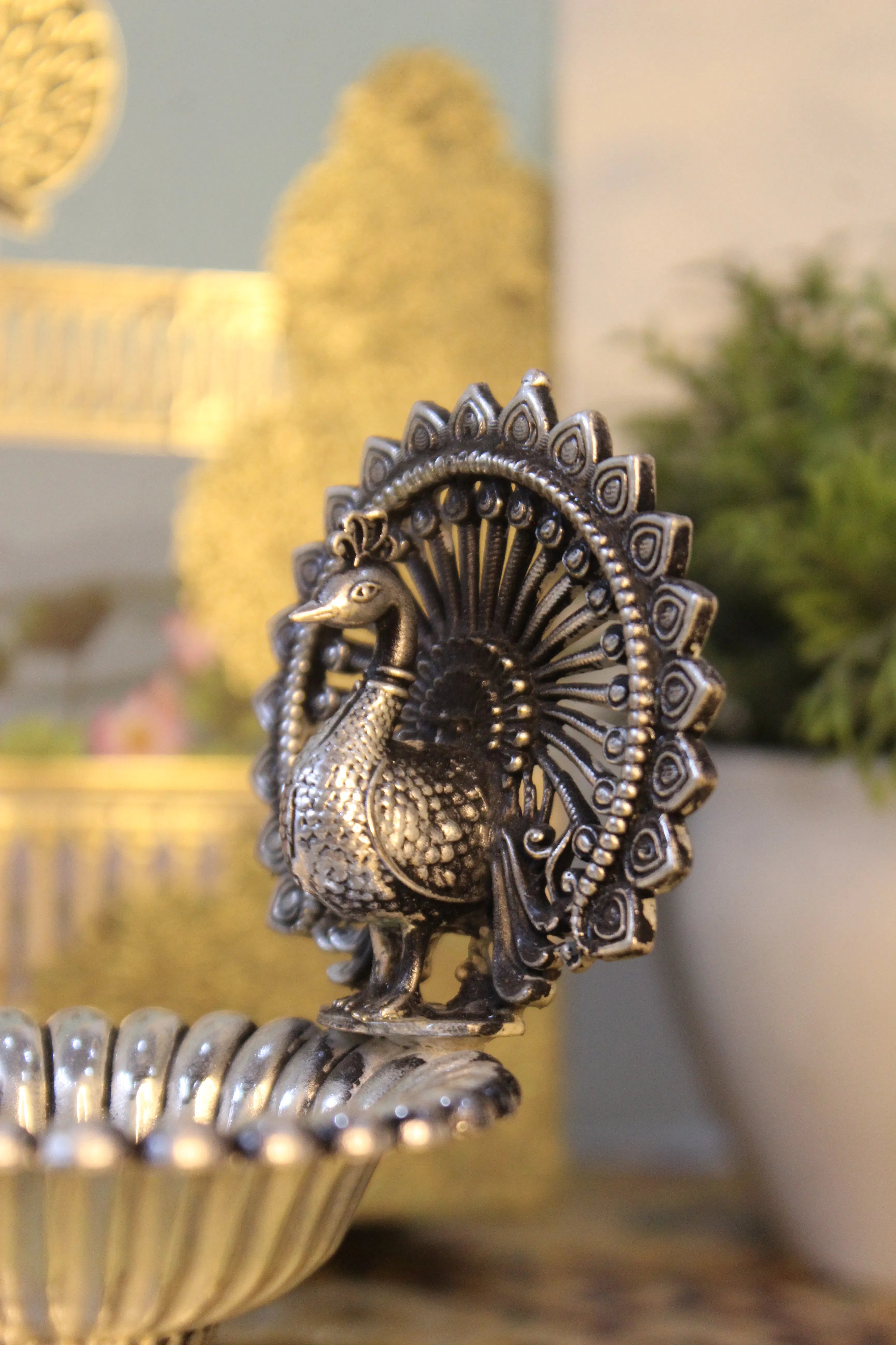 999 Silver-Polish Brass Peacock Diya | Decorative Pooja Oil Lamp
