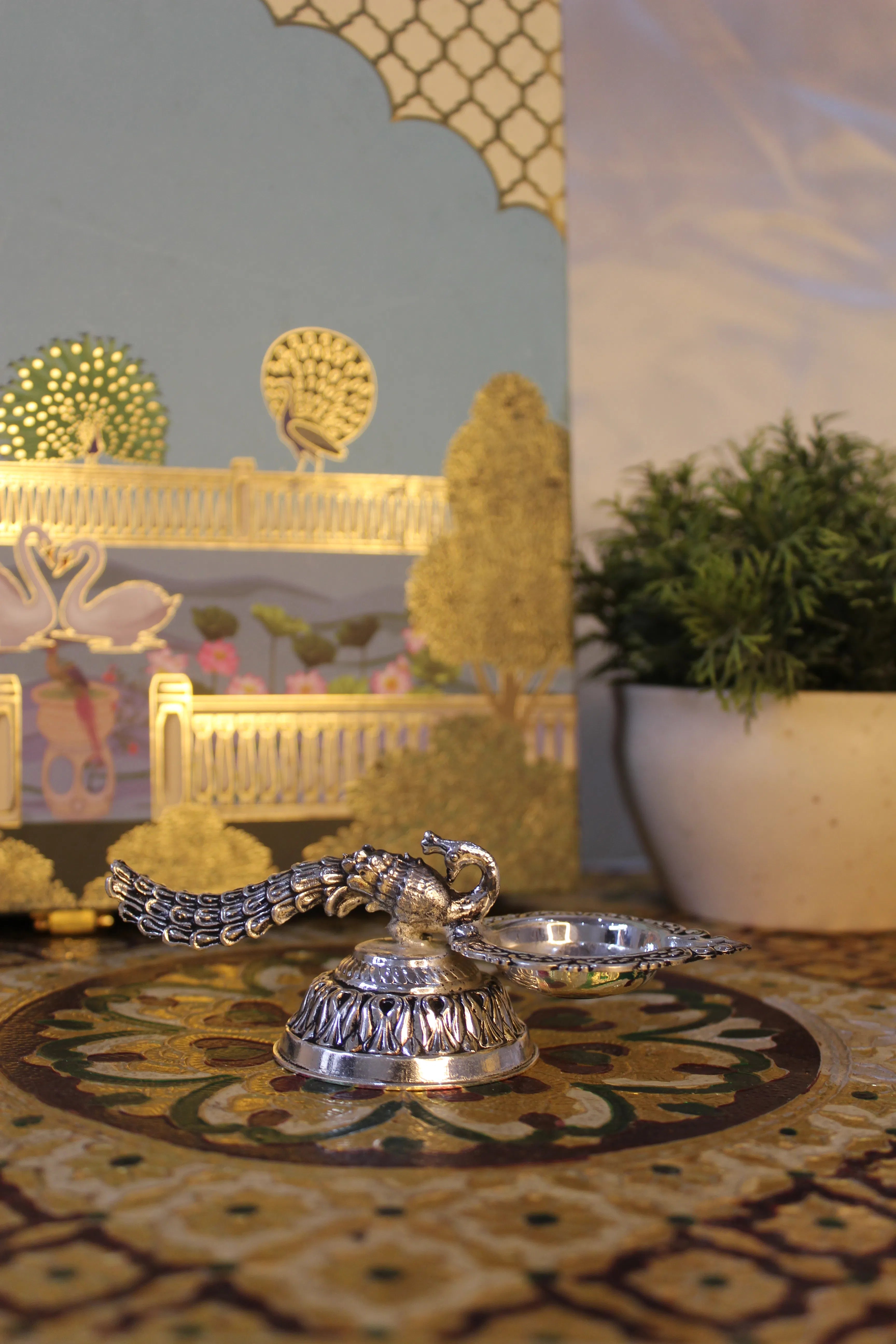 999 Silver Polish Brass Peacock Tail Diya | Side-Bowl Decorative Oil Lamp