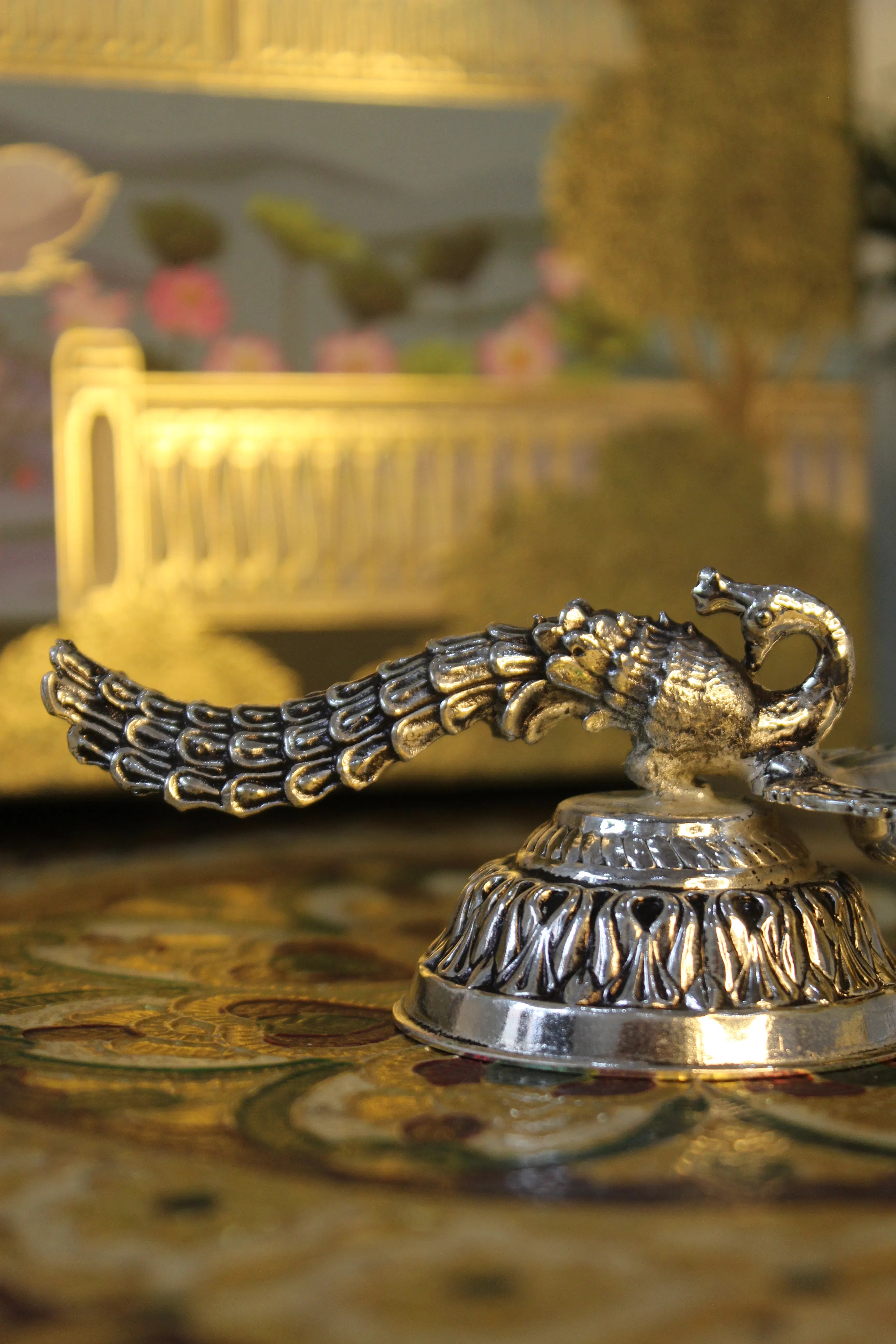 999 Silver Polish Brass Peacock Tail Diya | Side-Bowl Decorative Oil Lamp