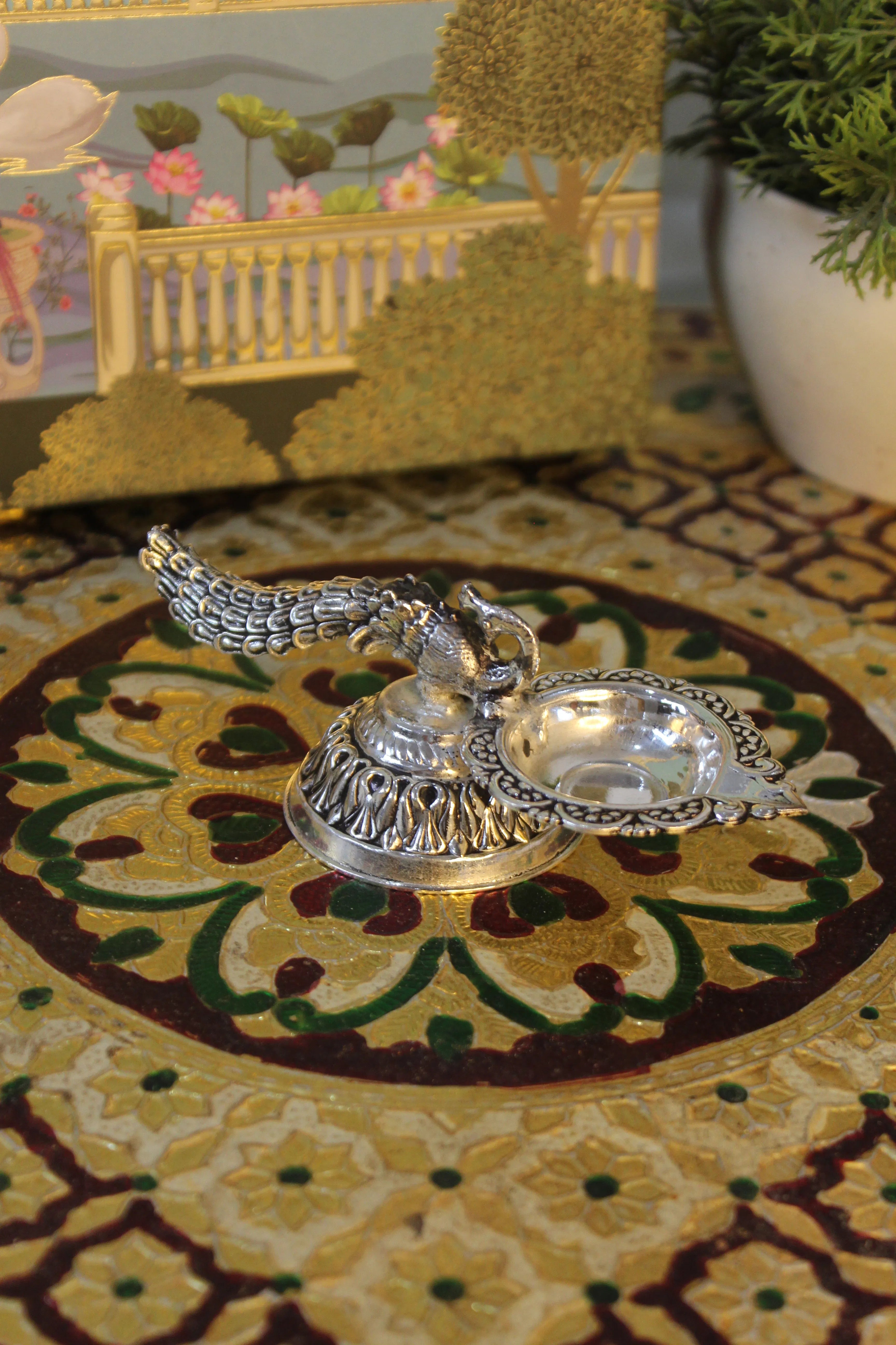 999 Silver Polish Brass Peacock Tail Diya | Side-Bowl Decorative Oil Lamp