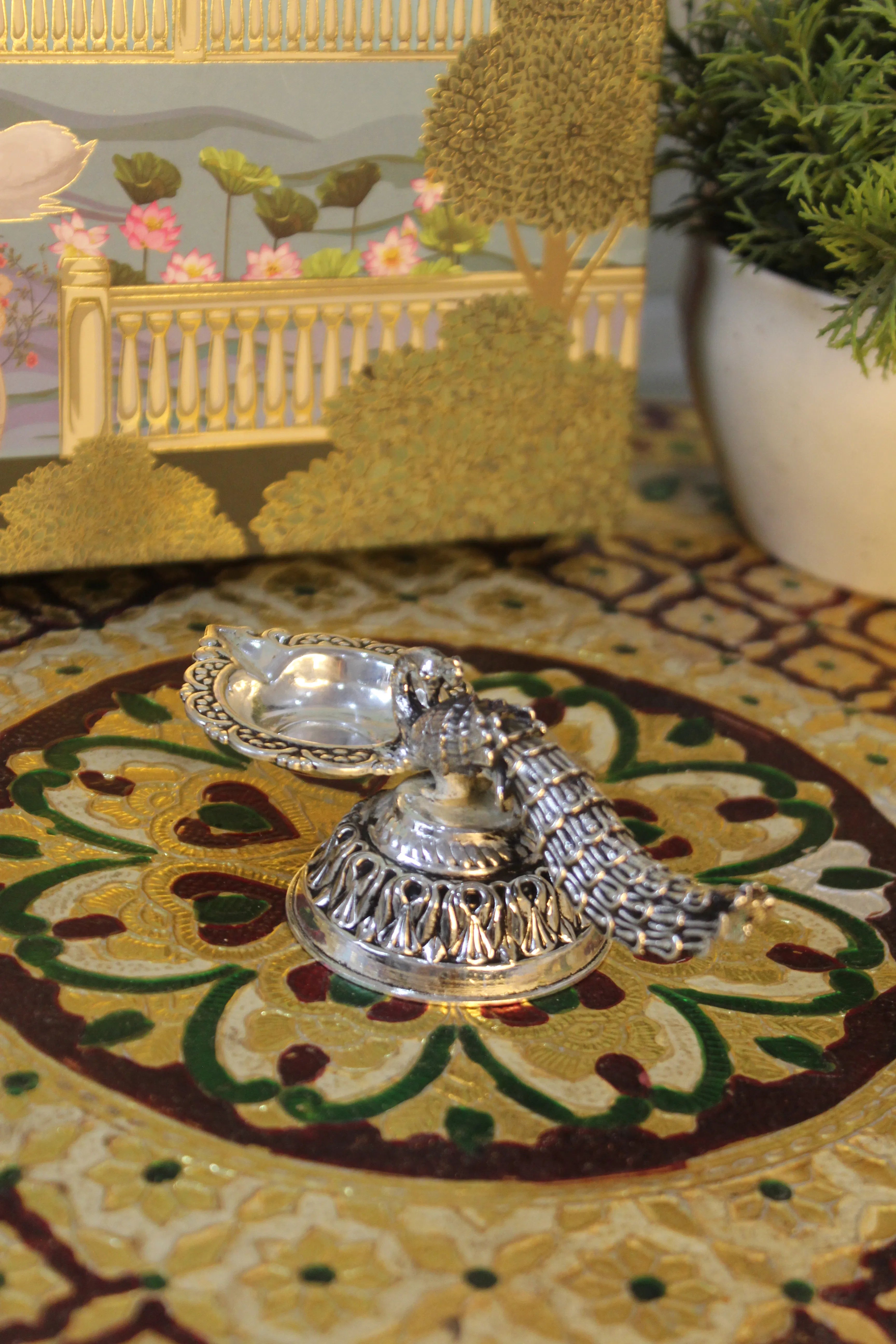 999 Silver Polish Brass Peacock Tail Diya | Side-Bowl Decorative Oil Lamp