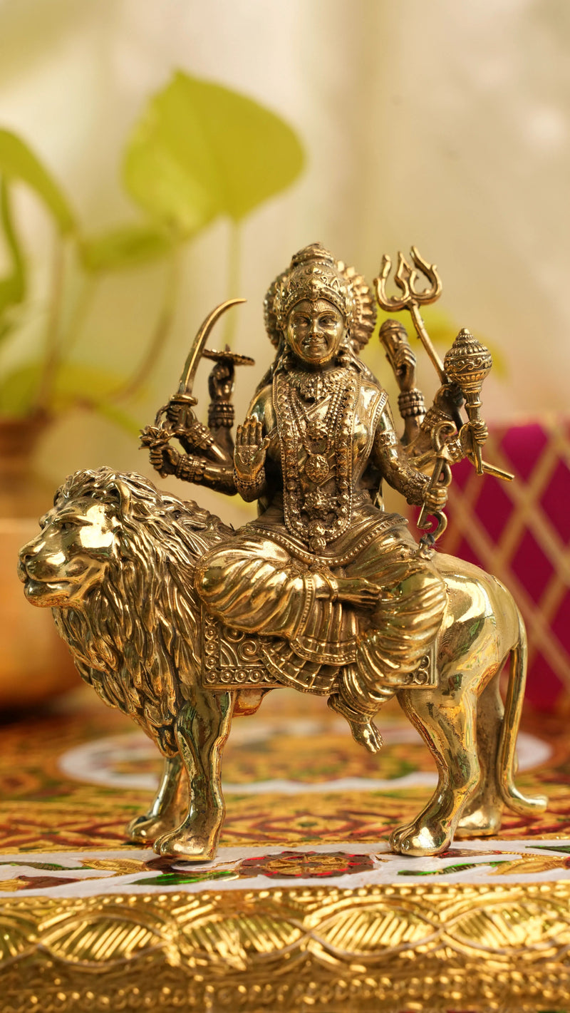 Brass Goddess Durga Seated on Lion Murti | Rigvedaa™