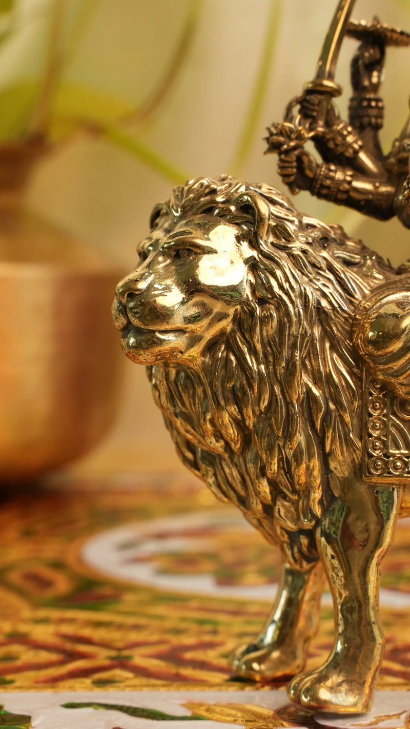 Brass Goddess Durga Seated on Lion Murti | Rigvedaa™