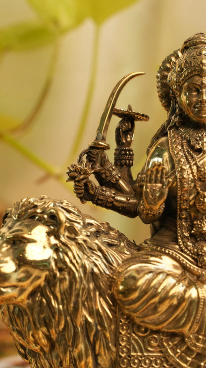 Brass Goddess Durga Seated on Lion Murti | Rigvedaa™