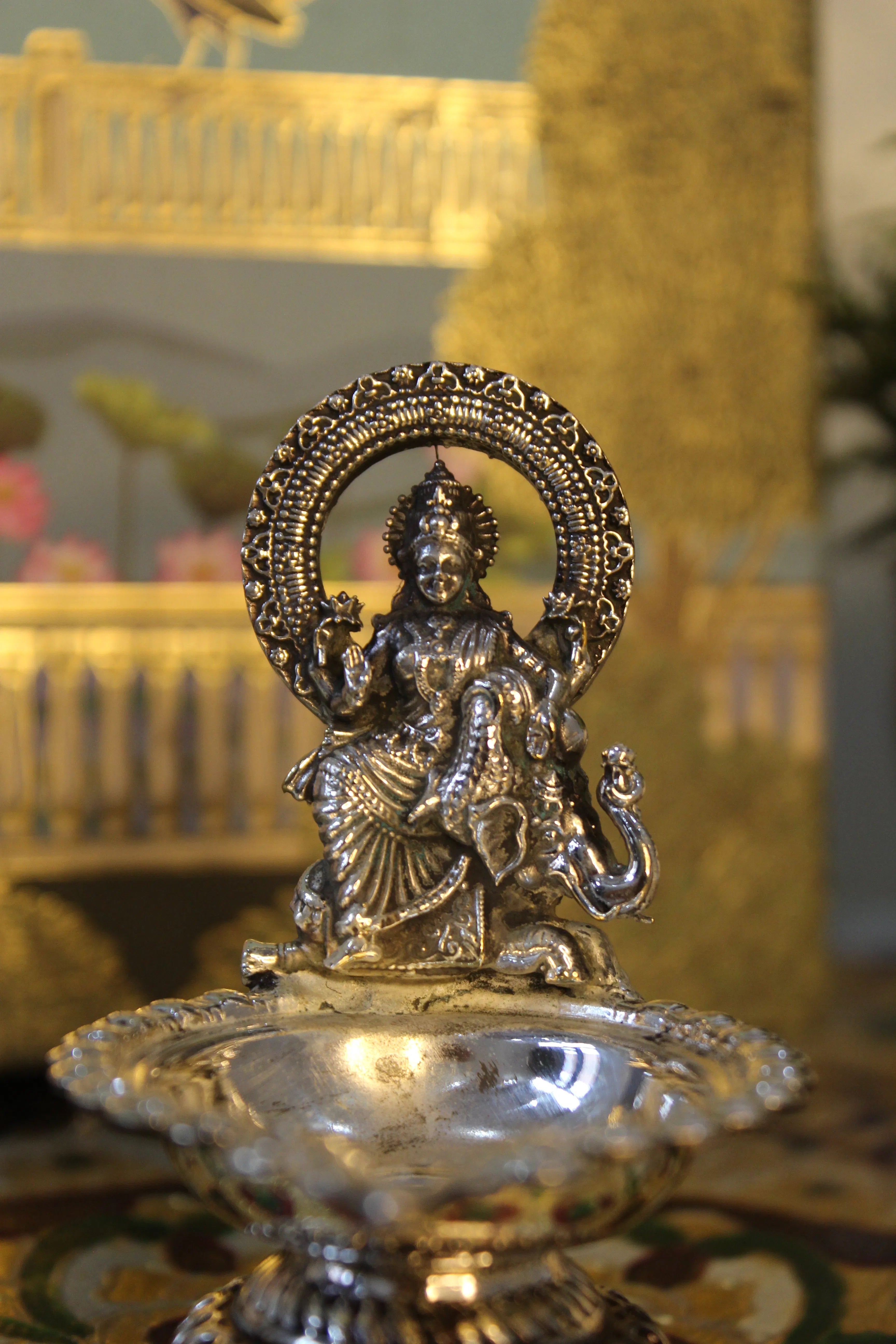 999 Silver Plated Brass Lakshmi on Elephant Diya | Auspicious