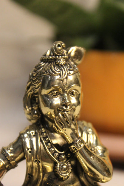 Brass Laddu Gopal Eating Makhan Idol 4" | Rigvedaa™