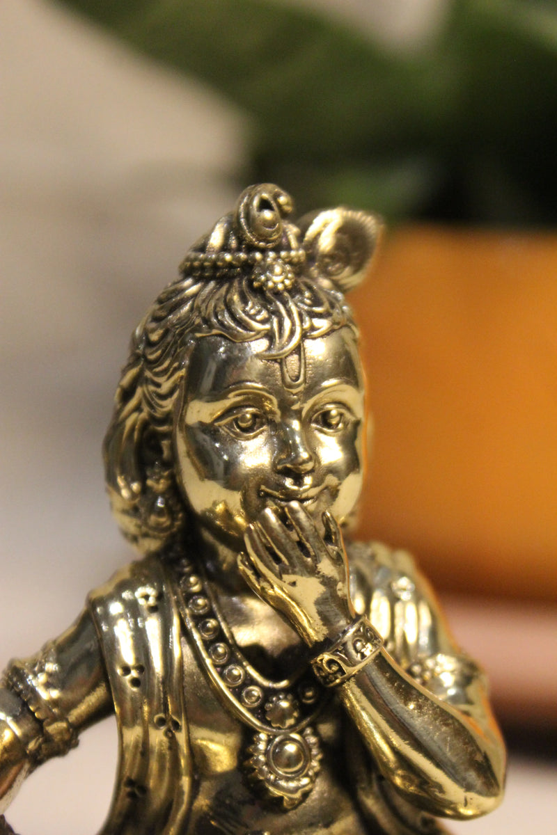 Brass Laddu Gopal Eating Makhan Idol 4" | Rigvedaa™