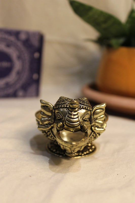 Small Brass Elephant Pooja Diya Lamp | Rigvedaa™