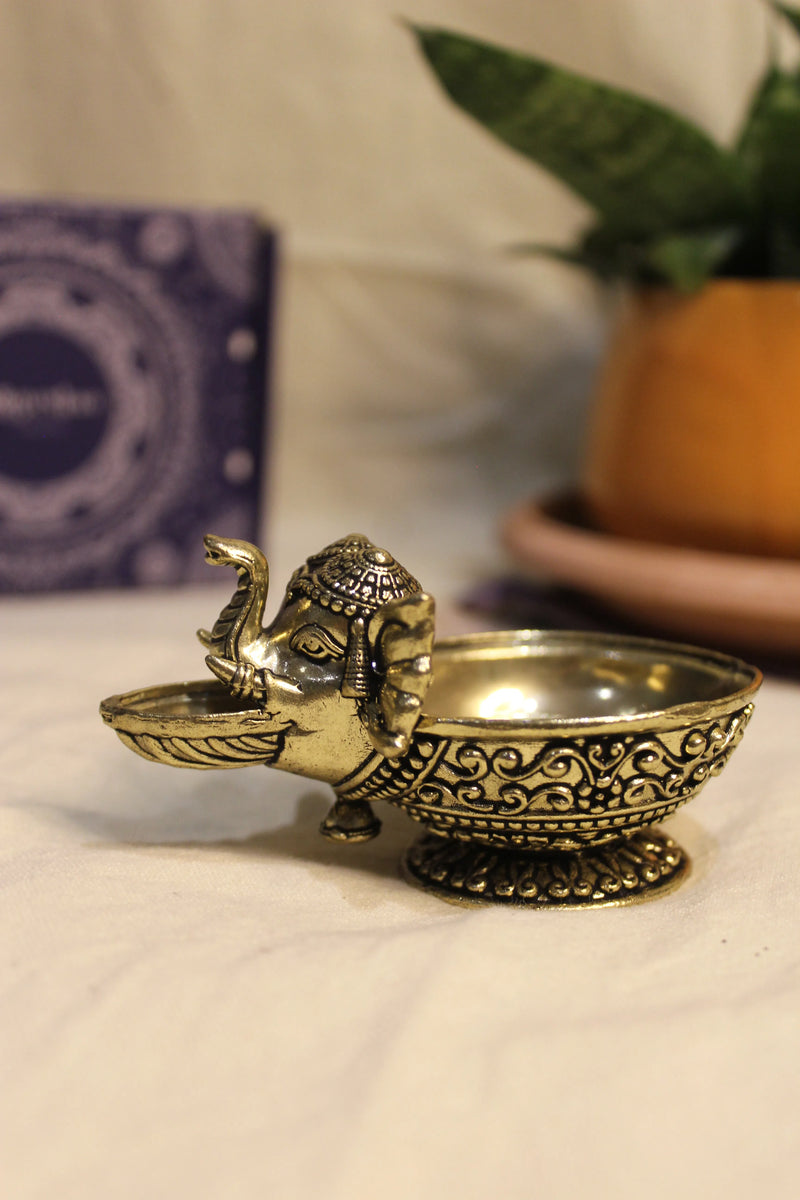 Small Brass Elephant Pooja Diya Lamp | Rigvedaa™