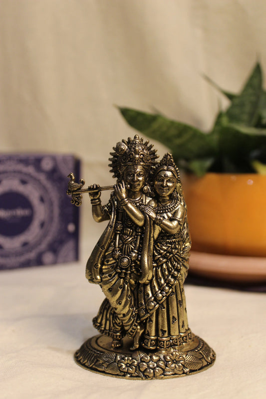 Brass Radha Krishna Flute Playing Idol (4.25") | Rigvedaa™