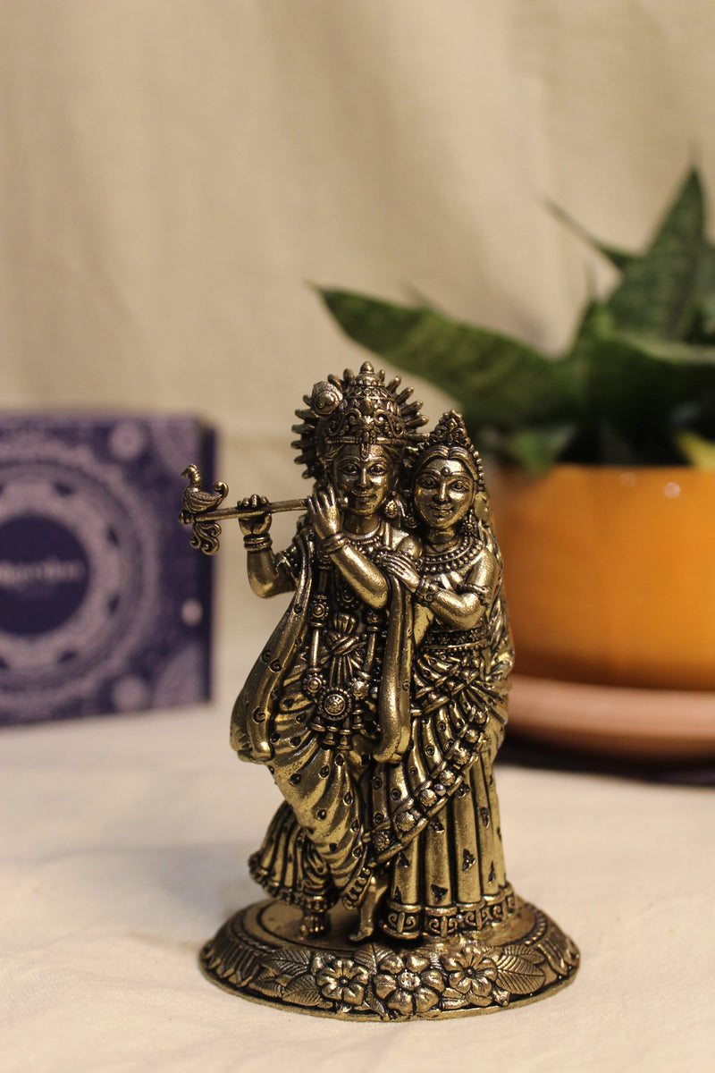 Brass Radha Krishna Flute Playing Idol (4.25") | Rigvedaa™