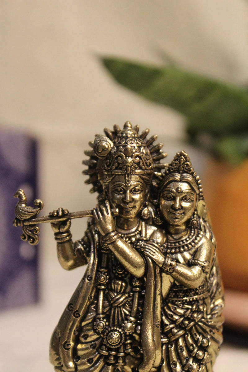 Brass Radha Krishna Flute Playing Idol (4.25") | Rigvedaa™