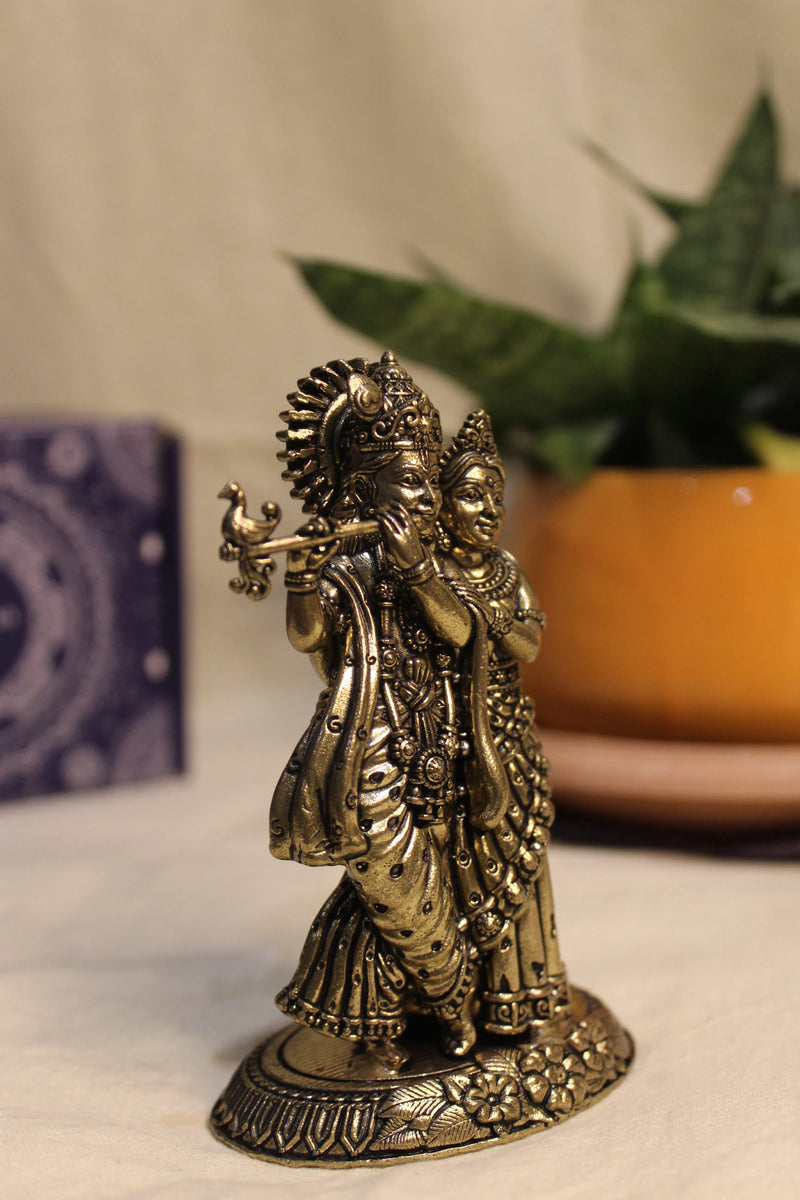 Brass Radha Krishna Flute Playing Idol (4.25") | Rigvedaa™