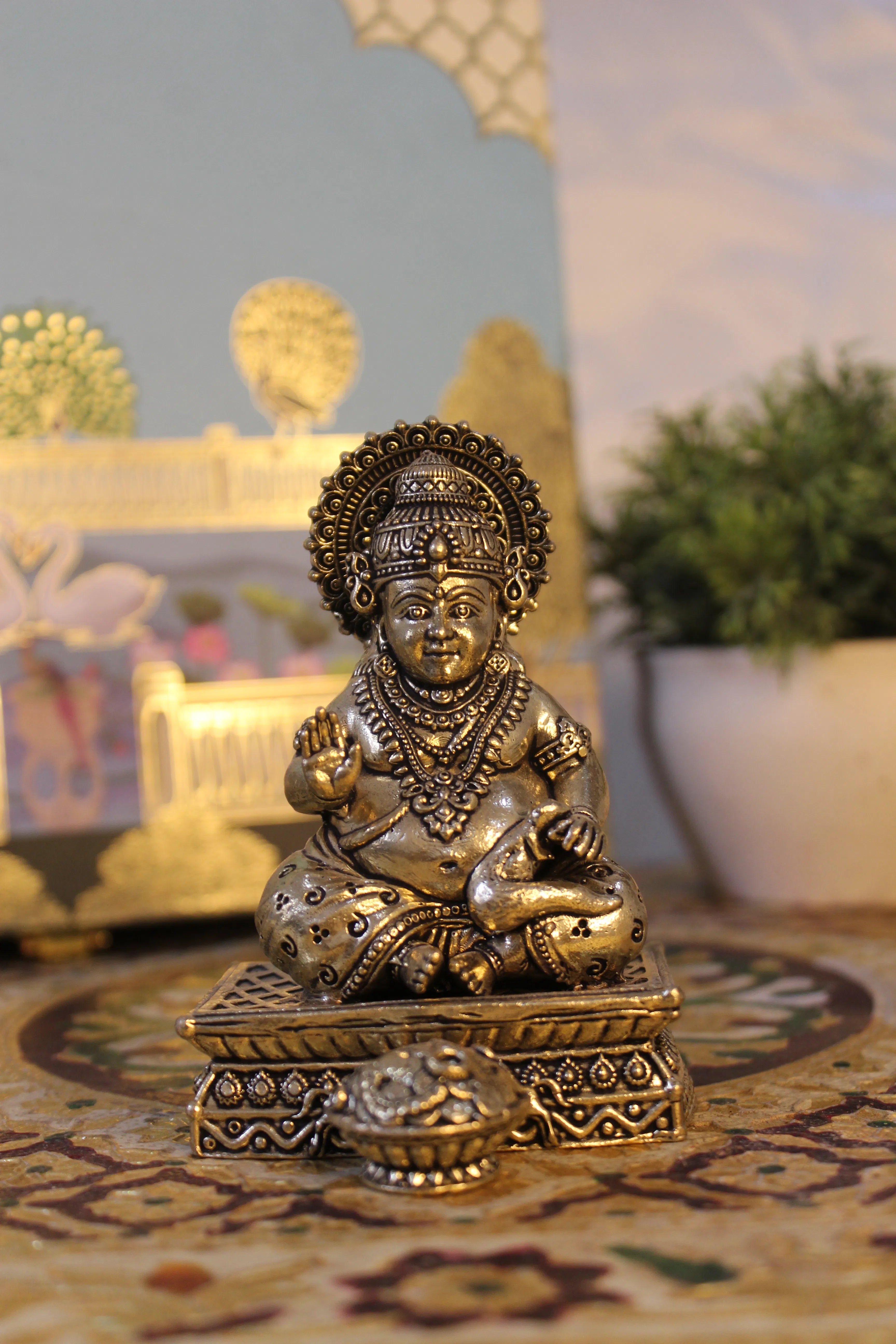Handcrafted Brass Kubera Sitting on Chowki with Decorative Base
