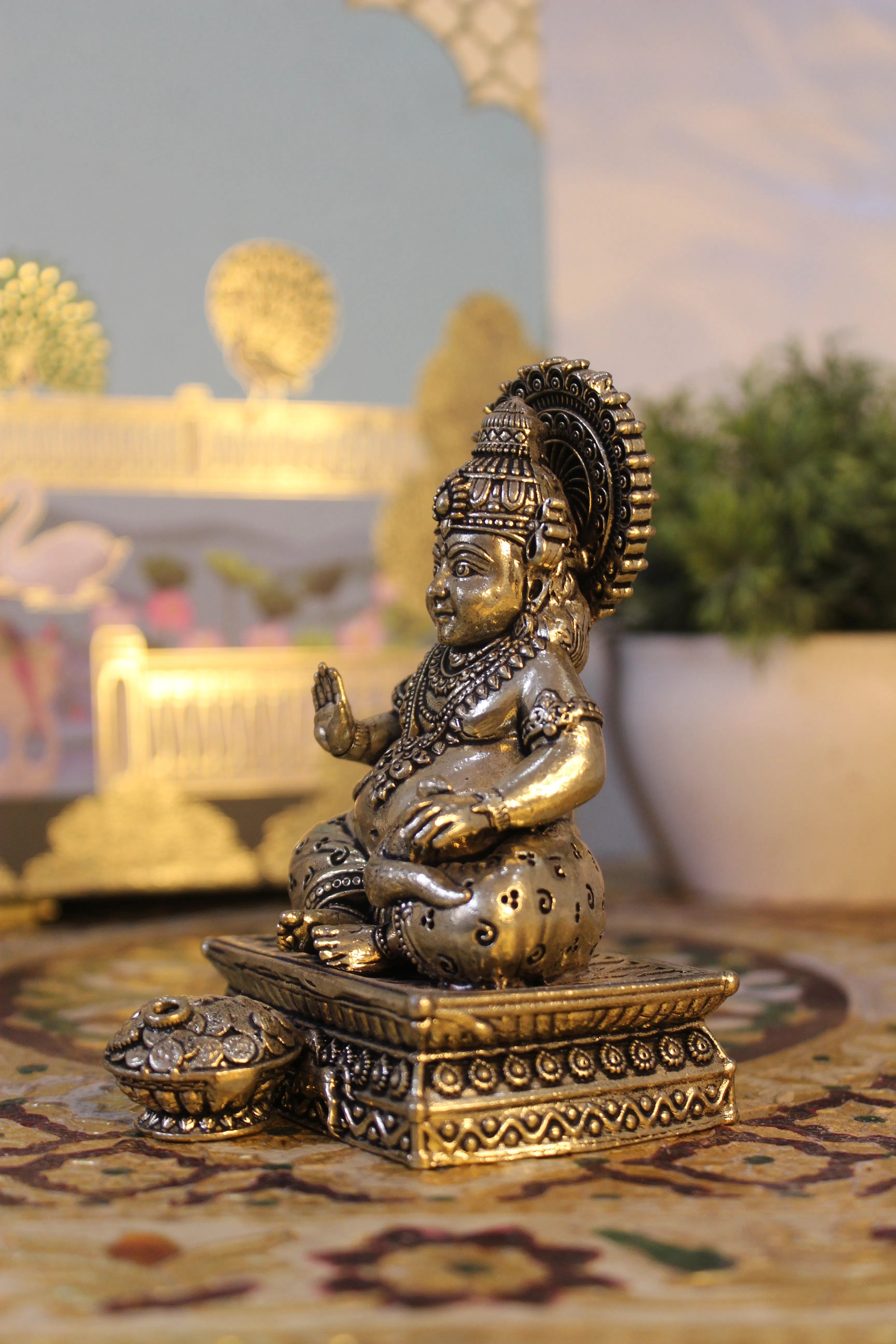Handcrafted Brass Kubera Sitting on Decorative Base