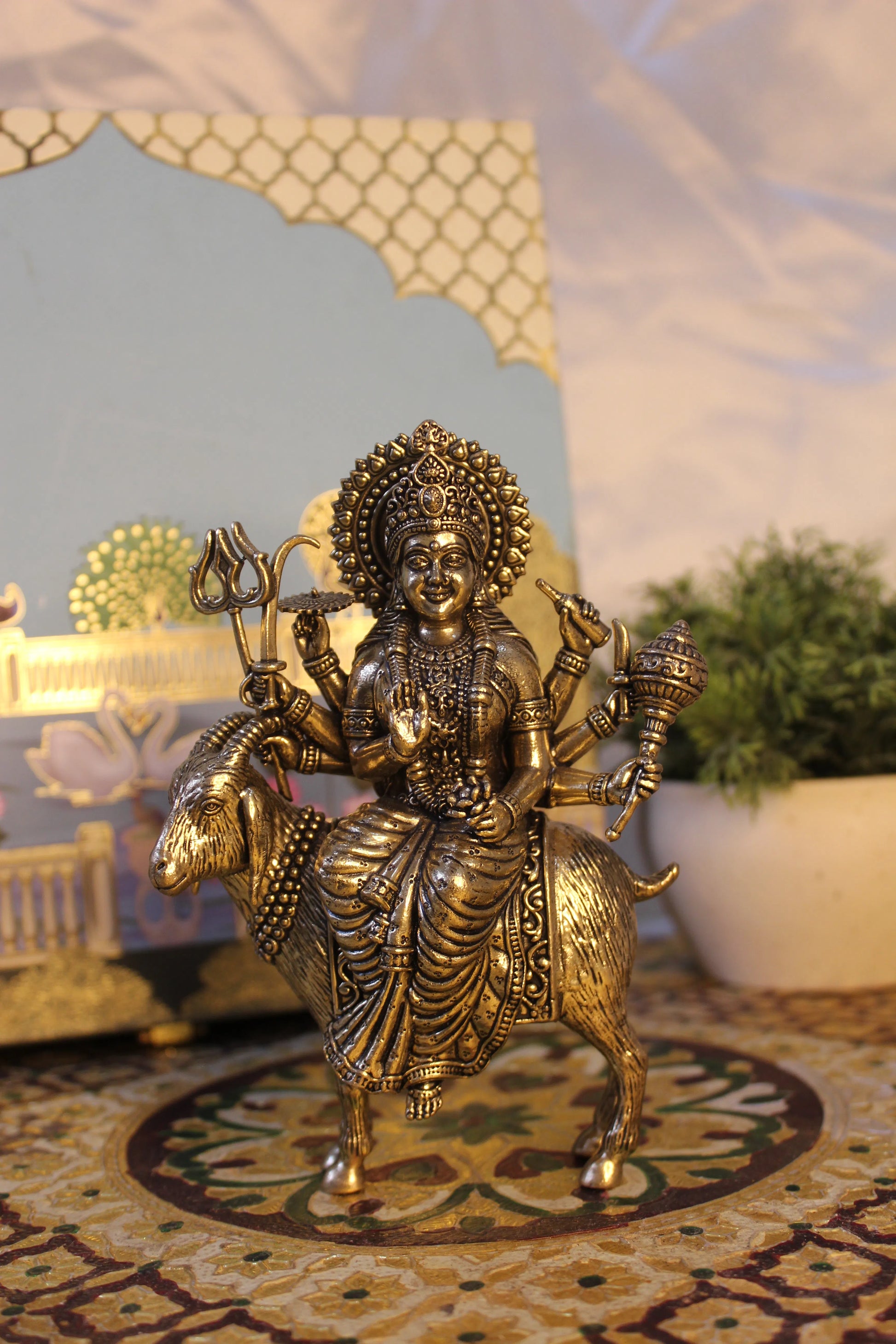 Handcrafted Brass Meldi Mata Seated on Goat with Decorative Base